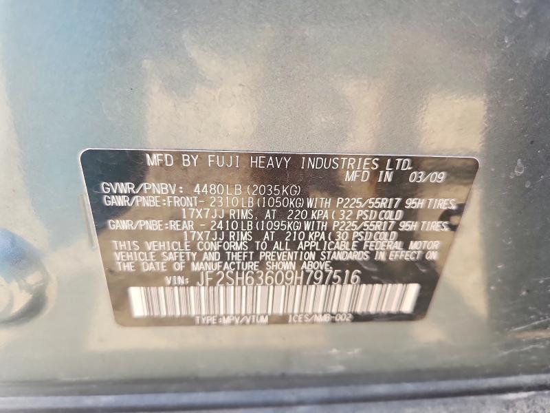 2009 Subaru Forester მანქანა იყიდება აუქციონზე, vin: JF2SH63609H797516, აუქციონის ნომერი: 59362156