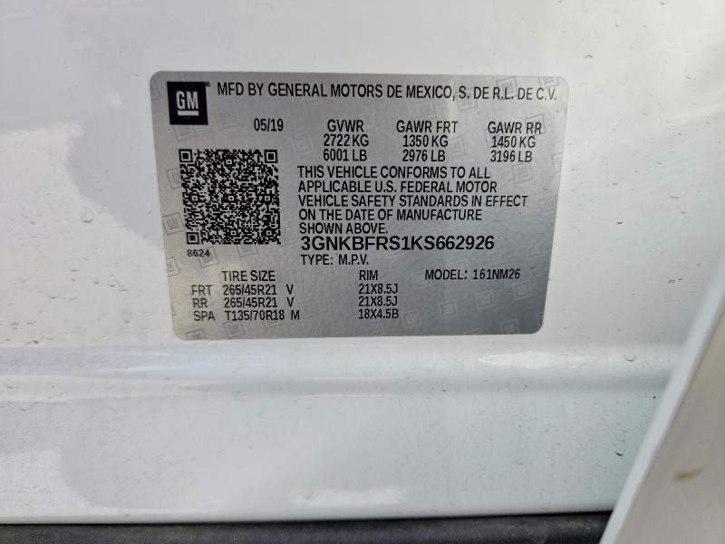 62345616 :رقم المزاد ، 3GNKBFRS1KS662926 vin ، 2019 Chevrolet Blazer مزاد بيع