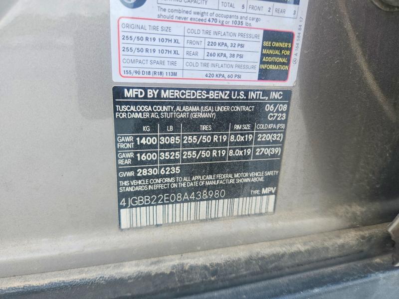 61854806 :رقم المزاد ، 4JGBB22E08A438980 vin ، 2008 Mercedes-benz Ml مزاد بيع