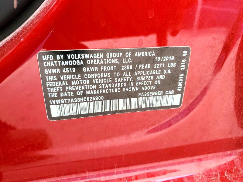 Aukcja sprzedaży 2017 Volkswagen Passat, vin: 1VWGT7A33HC025800, numer aukcji: 59321536