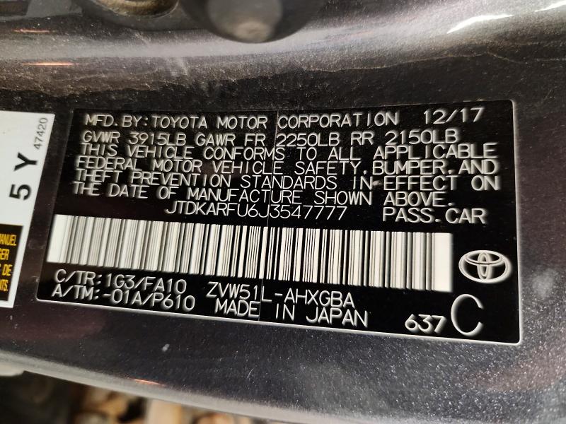 Продаж на аукціоні авто 2018 Toyota Prius, vin: JTDKARFU6J3547777, номер лоту: 61191876