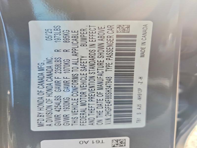 Продажа на аукционе авто 2025 Honda Civic, vin: 2HGFE4F86SH347848, номер лота: 61996696