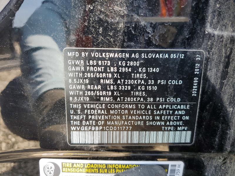 Aukcja sprzedaży 2012 Volkswagen Touareg, vin: WVGEF9BP1CD011777, numer aukcji: 62597206