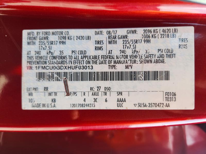 Aukcja sprzedaży 2017 Ford Escape, vin: 1FMCU0GDXHUF03013, numer aukcji: 60072416