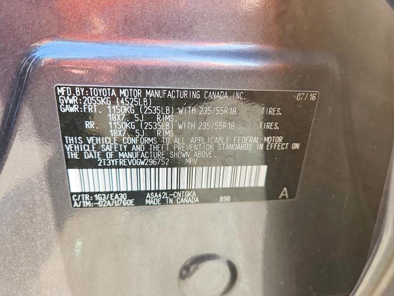 59182496 :رقم المزاد ، 2T3YFREV0GW296752 vin ، 2016 Toyota Rav4 مزاد بيع