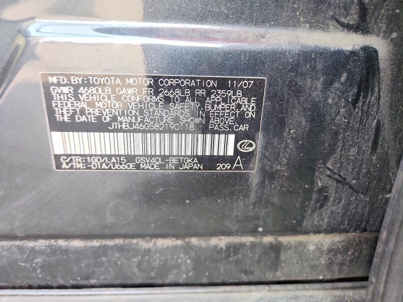 Aukcja sprzedaży 2008 Lexus Es, vin: JTHBJ46G582190118, numer aukcji: 62498996
