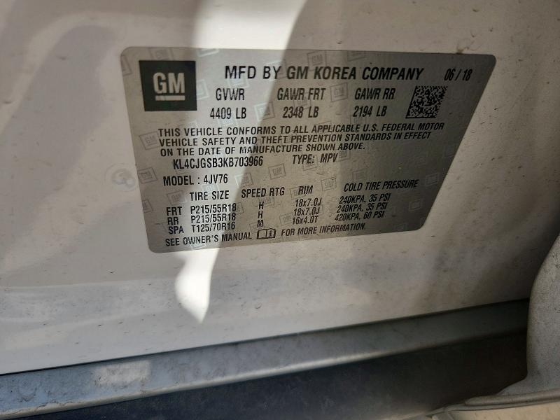 59695766 :رقم المزاد ، KL4CJGSB3KB703966 vin ، 2019 Buick Encore مزاد بيع