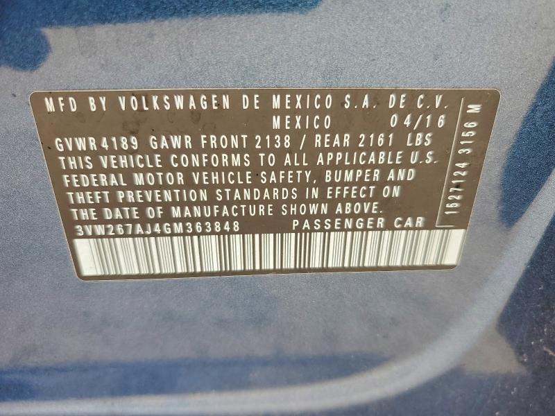 2016 Volkswagen Jetta მანქანა იყიდება აუქციონზე, vin: 3VW267AJ4GM363848, აუქციონის ნომერი: 62506986