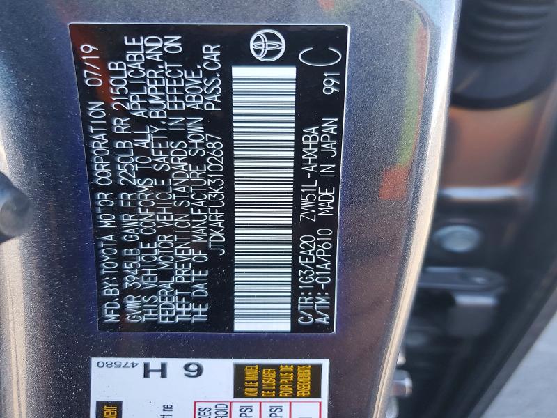 61544956 :رقم المزاد ، JTDKARFU3K3102687 vin ، 2019 Toyota Prius مزاد بيع