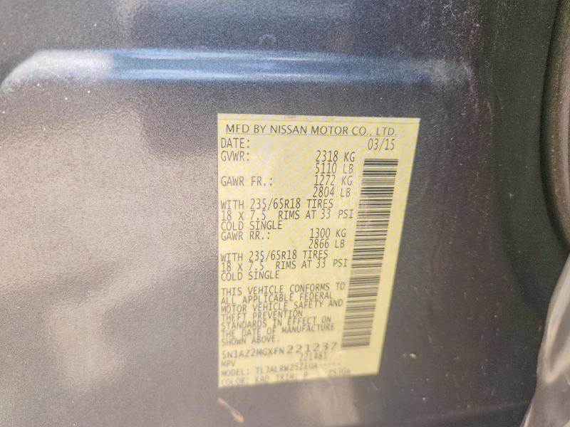 2015 Nissan Murano მანქანა იყიდება აუქციონზე, vin: 5N1AZ2MGXFN221237, აუქციონის ნომერი: 62355156
