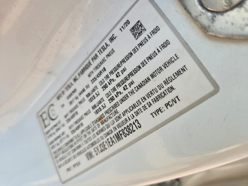 60199876 :رقم المزاد ، 5YJ3E1EA1MF838213 vin ، 2021 Tesla Model 3 مزاد بيع