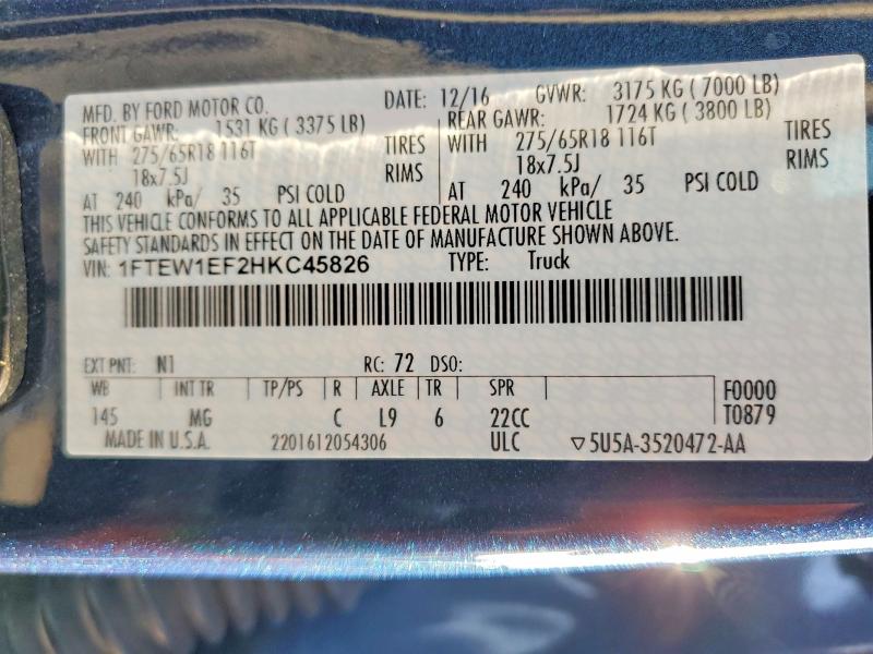 Продажа на аукционе авто 2017 Ford F150, vin: 1FTEW1EF2HKC45826, номер лота: 62718746
