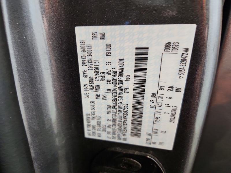 2022 Ford F150 მანქანა იყიდება აუქციონზე, vin: 1FTEW1EP4NKD97319, აუქციონის ნომერი: 62980236