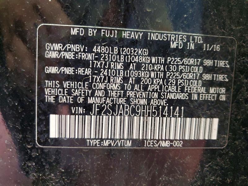 2017 Subaru Forester მანქანა იყიდება აუქციონზე, vin: JF2SJABC9HH514141, აუქციონის ნომერი: 59963866