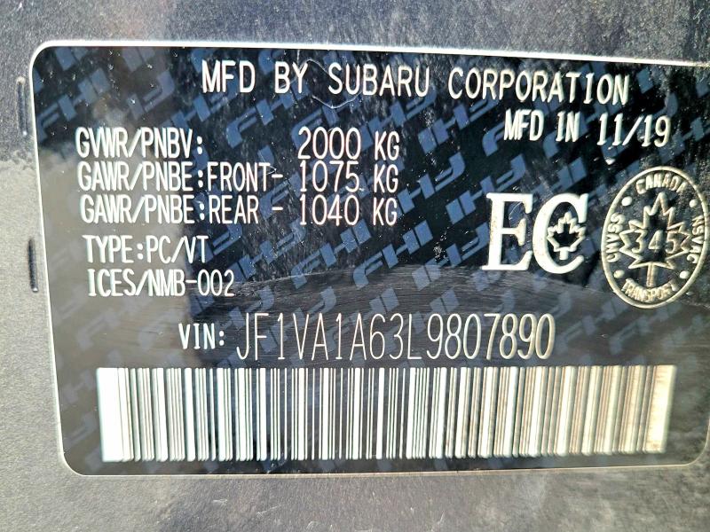 59948466 :رقم المزاد ، JF1VA1A63L9807890 vin ، 2020 Subaru Wrx مزاد بيع