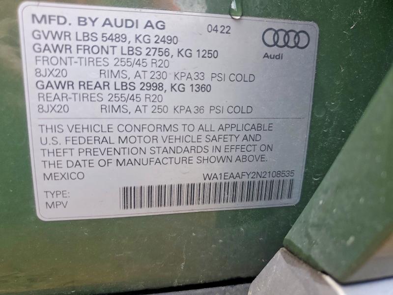 Aukcja sprzedaży 2022 Audi Q5, vin: WA1EAAFY2N2108535, numer aukcji: 60993326