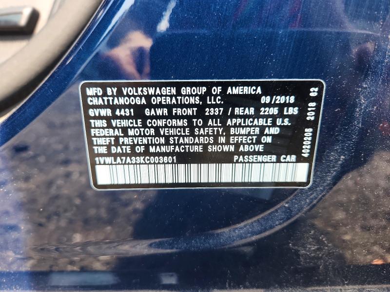 2019 Volkswagen Passat მანქანა იყიდება აუქციონზე, vin: 1VWLA7A33KC003601, აუქციონის ნომერი: 60829276