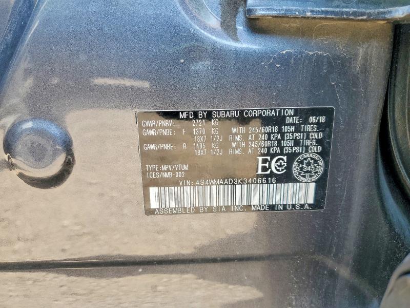 61570376 :رقم المزاد ، 4S4WMAAD3K3406616 vin ، 2019 Subaru Ascent مزاد بيع