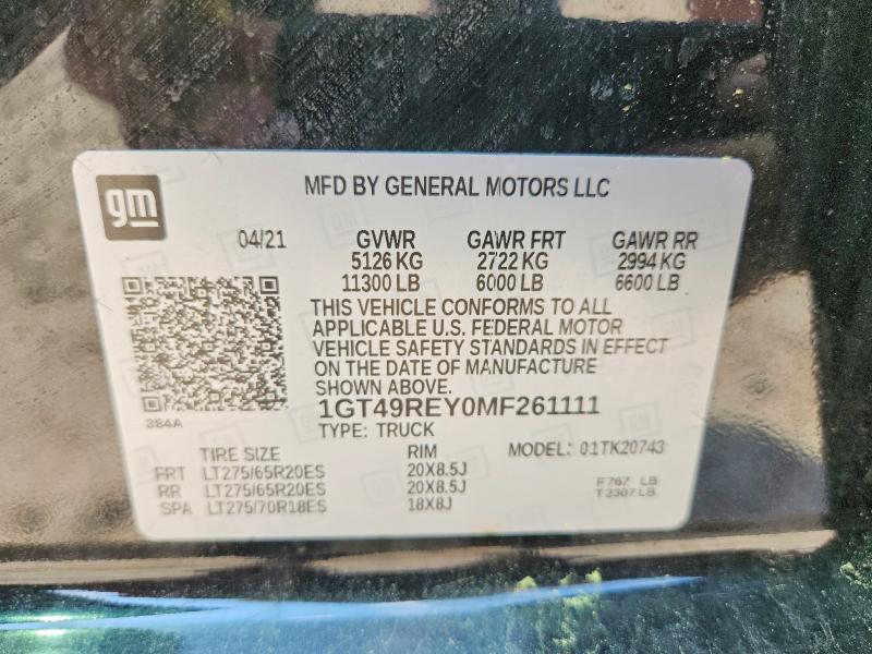 Продаж на аукціоні авто 2021 Gmc Sierra, vin: 1GT49REY0MF261111, номер лоту: 59073816