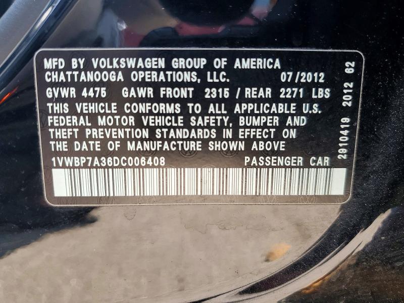 60694946 :رقم المزاد ، 1VWBP7A36DC006408 vin ، 2013 Volkswagen Passat مزاد بيع