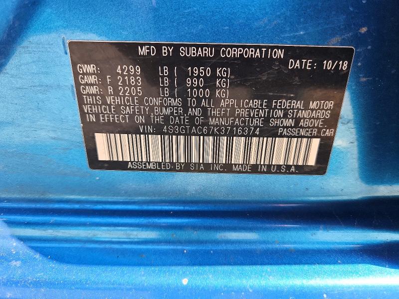 2019 Subaru Impreza მანქანა იყიდება აუქციონზე, vin: 4S3GTAC67K3716374, აუქციონის ნომერი: 59219096