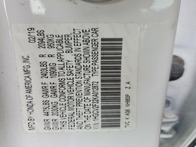 Aukcja sprzedaży 2019 Honda Accord, vin: 1HGCV2F32KA012872, numer aukcji: 59918206