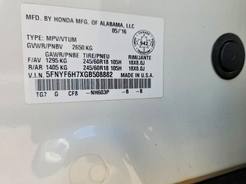 Aukcja sprzedaży 2016 Honda Pilot, vin: 5FNYF6H7XGB508882, numer aukcji: 61547406