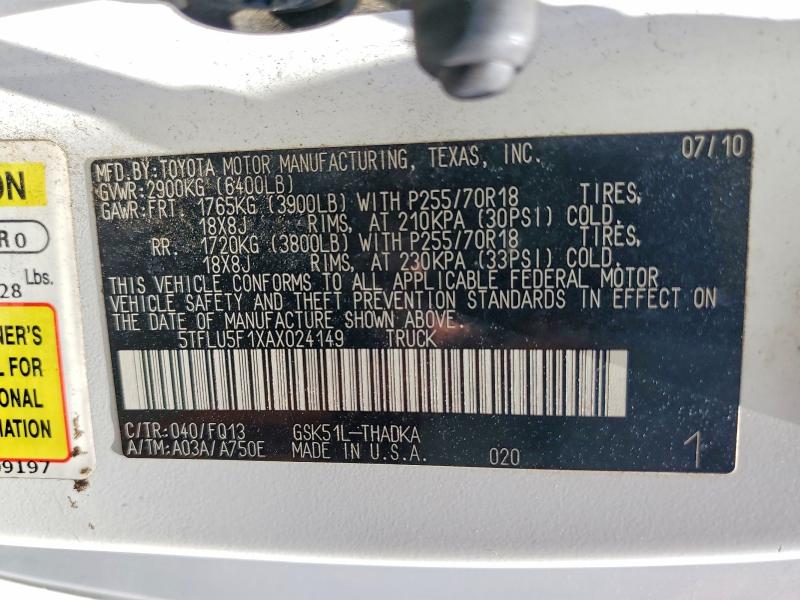 2010 Toyota Tundra მანქანა იყიდება აუქციონზე, vin: 5TFLU5F1XAX024149, აუქციონის ნომერი: 62901646