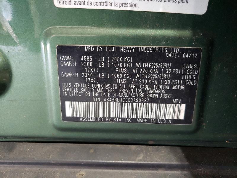 Aukcja sprzedaży 2012 Subaru Outback, vin: 4S4BRBJC0C3290337, numer aukcji: 62280166