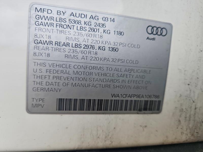 62628376 :رقم المزاد ، WA1CFAFP9EA106786 vin ، 2014 Audi Q5 مزاد بيع