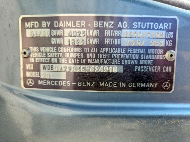 Aukcja sprzedaży 1989 Mercedes-benz 190, vin: WDBDA29D3KF624910, numer aukcji: 59715086