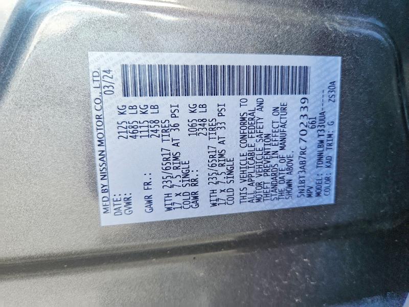 2024 Nissan Rogue მანქანა იყიდება აუქციონზე, vin: 5N1BT3AB7RC702339, აუქციონის ნომერი: 58478186