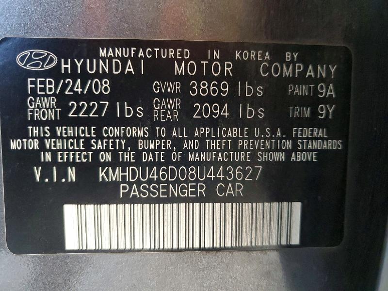 Продажа на аукционе авто 2008 Hyundai Elantra, vin: KMHDU46D08U443627, номер лота: 58971766