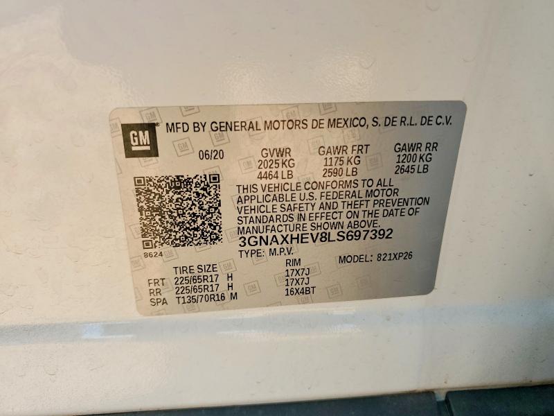 Aukcja sprzedaży 2020 Chevrolet Equinox, vin: 3GNAXHEV8LS697392, numer aukcji: 61118906
