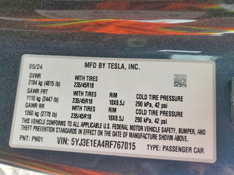 Aukcja sprzedaży 2024 Tesla Model 3, vin: 5YJ3E1EA4RF767015, numer aukcji: 60486536