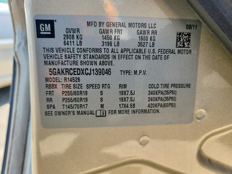 60127506 :رقم المزاد ، 5GAKRCEDXCJ139046 vin ، 2012 Buick Enclave مزاد بيع