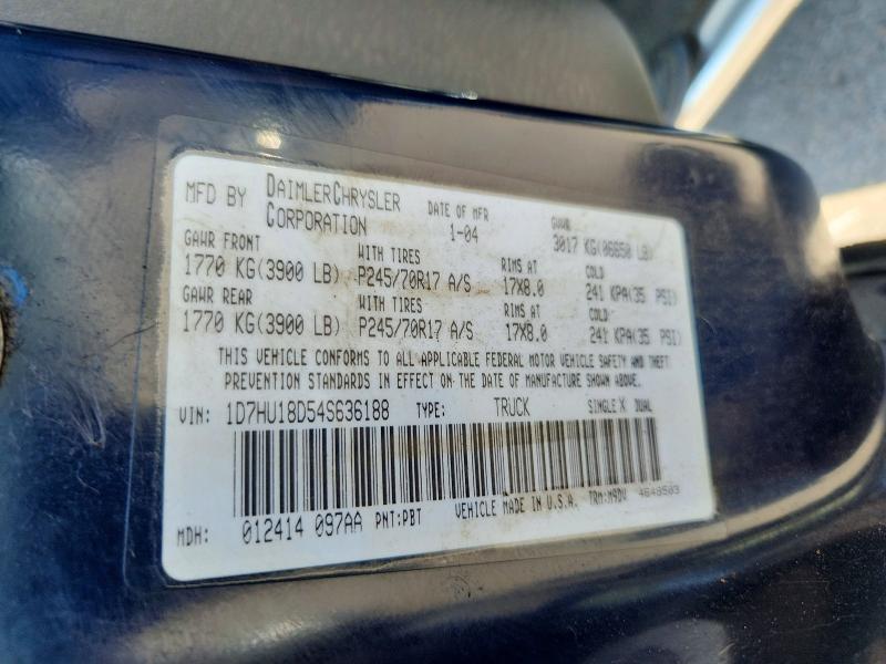 2004 Dodge Ram 1500 მანქანა იყიდება აუქციონზე, vin: 1D7HU18D54S636188, აუქციონის ნომერი: 59244326