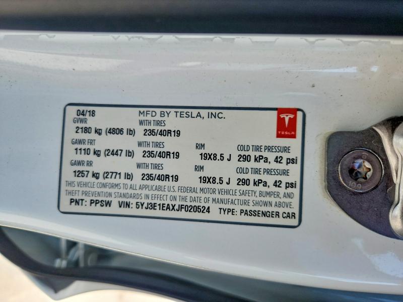 Продаж на аукціоні авто 2018 Tesla Model 3, vin: 5YJ3E1EAXJF020524, номер лоту: 63105306