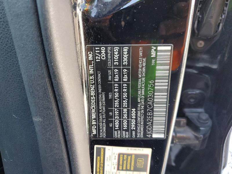 Aukcja sprzedaży 2012 Mercedes-benz Ml, vin: 4JGDA2EB7CA030756, numer aukcji: 61232076