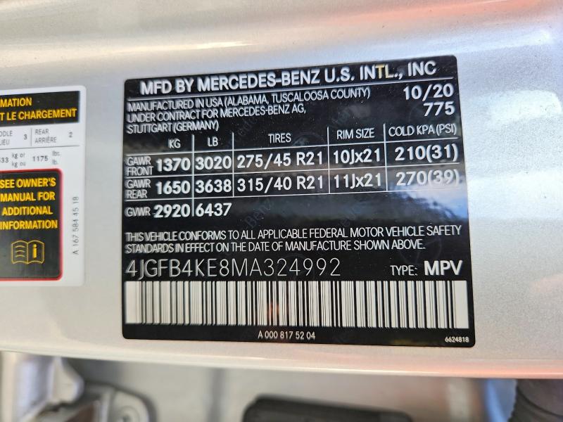 Aukcja sprzedaży 2021 Mercedes-benz Gle, vin: 4JGFB4KE8MA324992, numer aukcji: 63045936