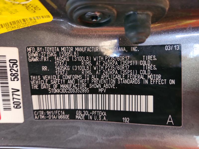 Aukcja sprzedaży 2013 Toyota Sienna, vin: 5TDKK3DC2DS352895, numer aukcji: 60589766