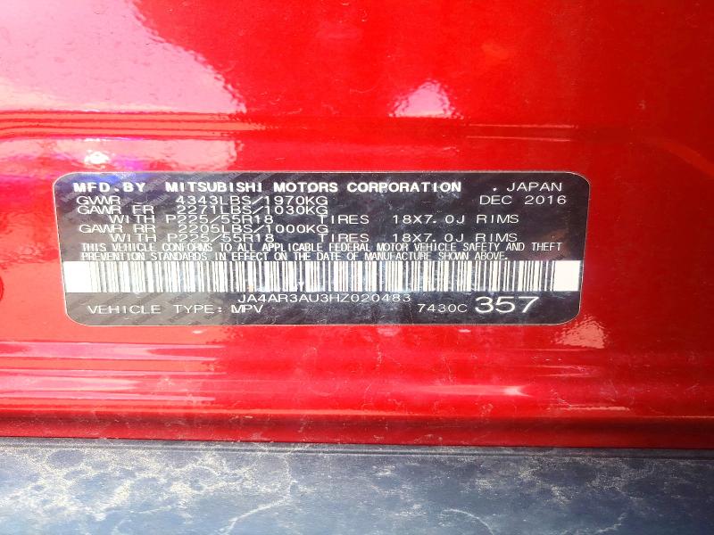 62061576 :رقم المزاد ، JA4AR3AU3HZ020483 vin ، 2017 Mitsubishi Outlander Sport مزاد بيع