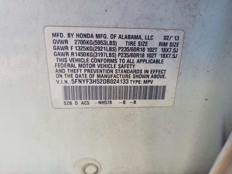 Auction sale of the 2013 Honda Pilot, vin: 5FNYF3H52DB024133, lot number: 63402036