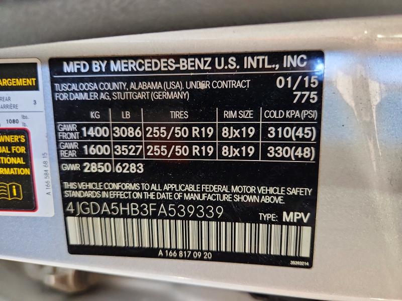 Aukcja sprzedaży 2015 Mercedes-benz Ml, vin: 4JGDA5HB3FA539339, numer aukcji: 60027946