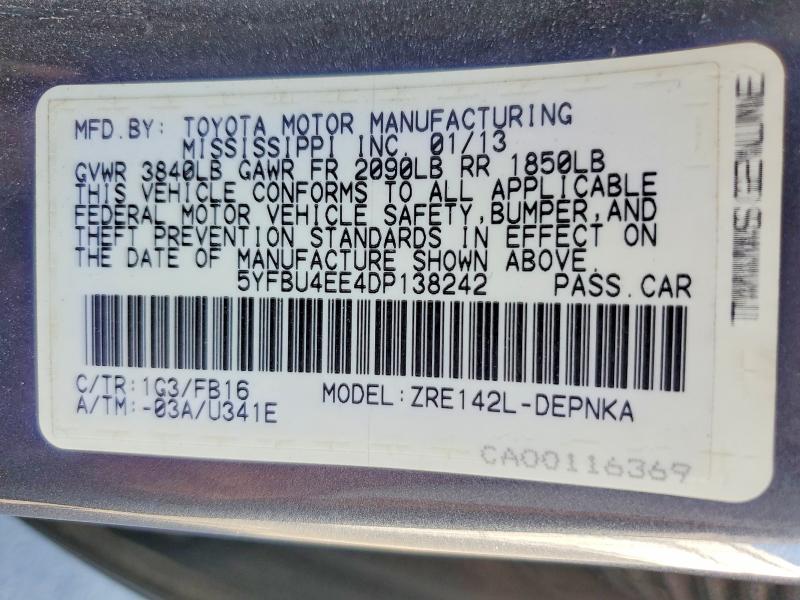 Aukcja sprzedaży 2013 Toyota Corolla, vin: 5YFBU4EE4DP138242, numer aukcji: 63606766