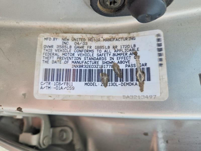 Aukcja sprzedaży 2003 Toyota Corolla, vin: 1NXBR32E03Z181778, numer aukcji: 61437756