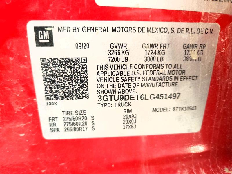 62781346 :رقم المزاد ، 3GTU9DET6LG451497 vin ، 2020 Gmc Sierra مزاد بيع