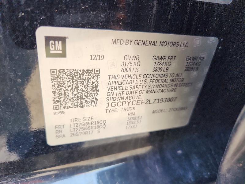 62468186 :رقم المزاد ، 1GCPYCEF2LZ193807 vin ، 2020 Chevrolet Silverado مزاد بيع