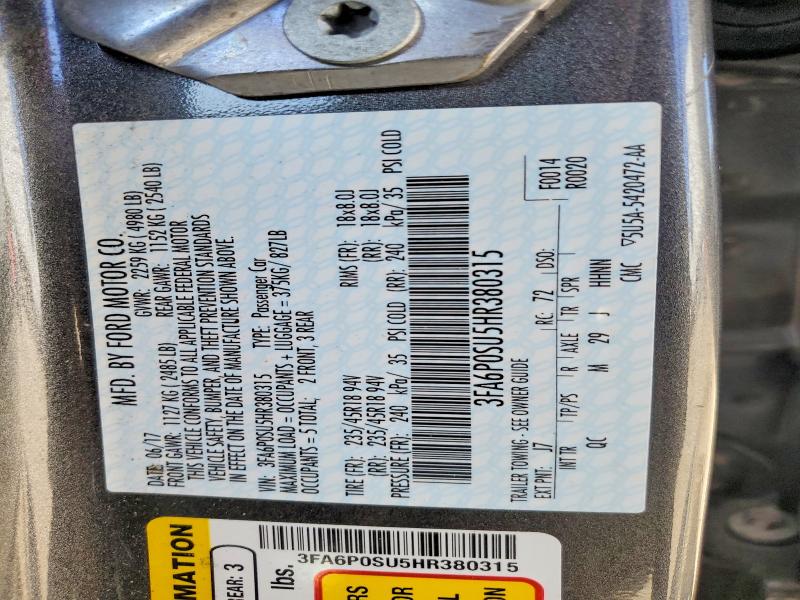 Aukcja sprzedaży 2017 Ford Fusion, vin: 3FA6P0SU5HR380315, numer aukcji: 60695446