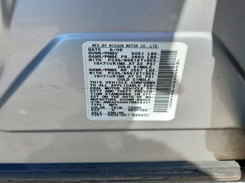2007 Nissan Murano მანქანა იყიდება აუქციონზე, vin: JN8AZ08W87W604331, აუქციონის ნომერი: 61247576